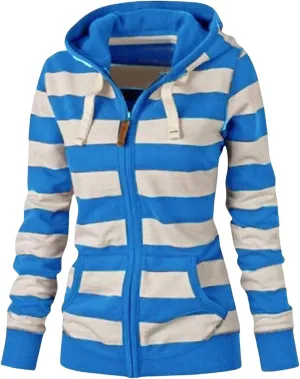 Womens Zip Up Hoodies Casual Oversized Striped Hoodies Sweatshirts Plain Zipper Classic Hooded Jackets with Pockets
