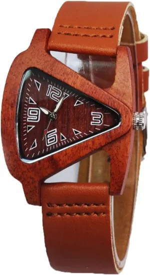 Wood Watches Triangle Red Wooden Watches with Leather Band Quartz Wrist Watch Bracelet for Women