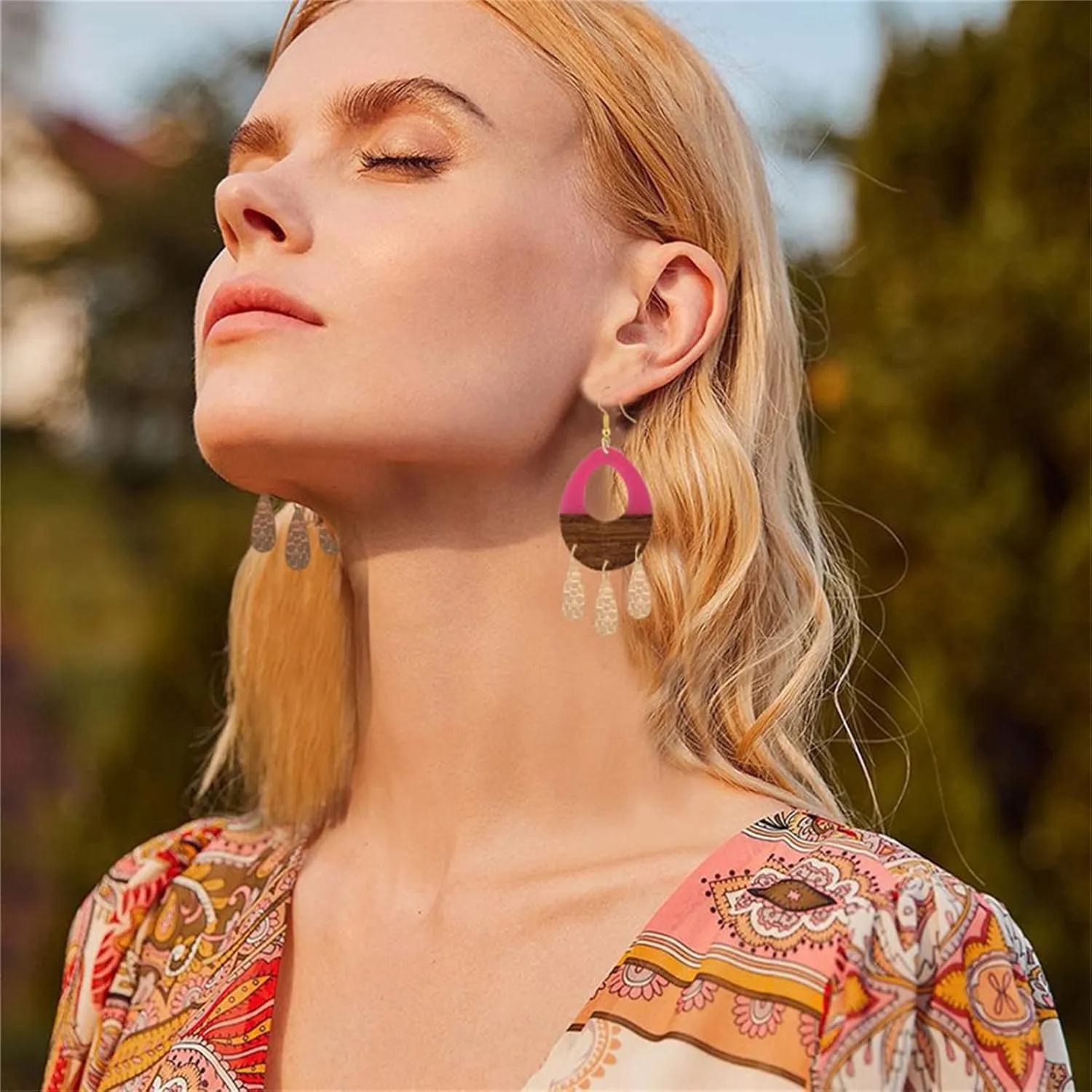 Wooden Resin Geometric Earrings for Women Girls Handmade Boho Lightweight Oval Teardrop Resin Natural Wood Two Tone Color Dangle Drop Statement Earrings Jewelry Gifts (Rose Red)
