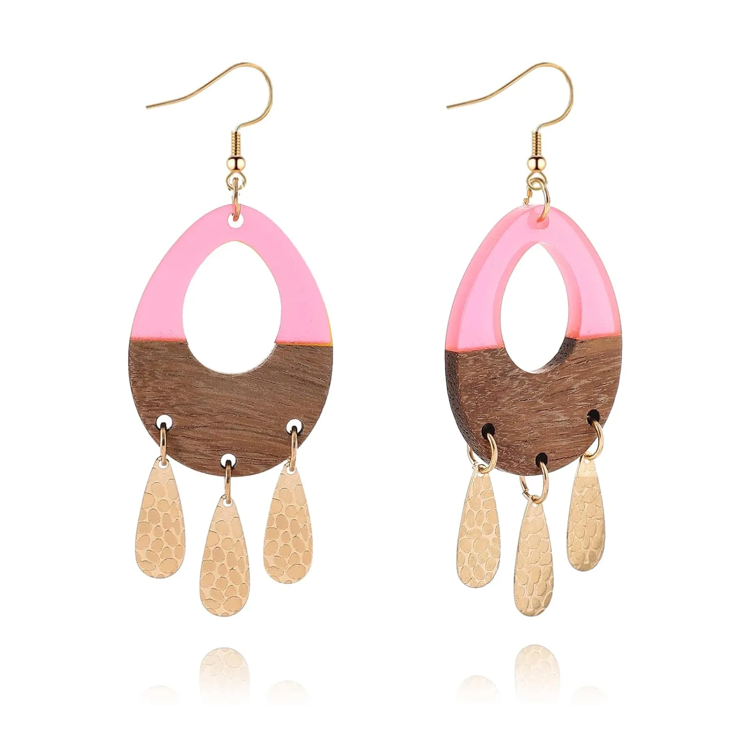 Wooden Resin Geometric Earrings for Women Girls Handmade Boho Lightweight Oval Teardrop Resin Natural Wood Two Tone Color Dangle Drop Statement Earrings Jewelry Gifts (Rose Red)
