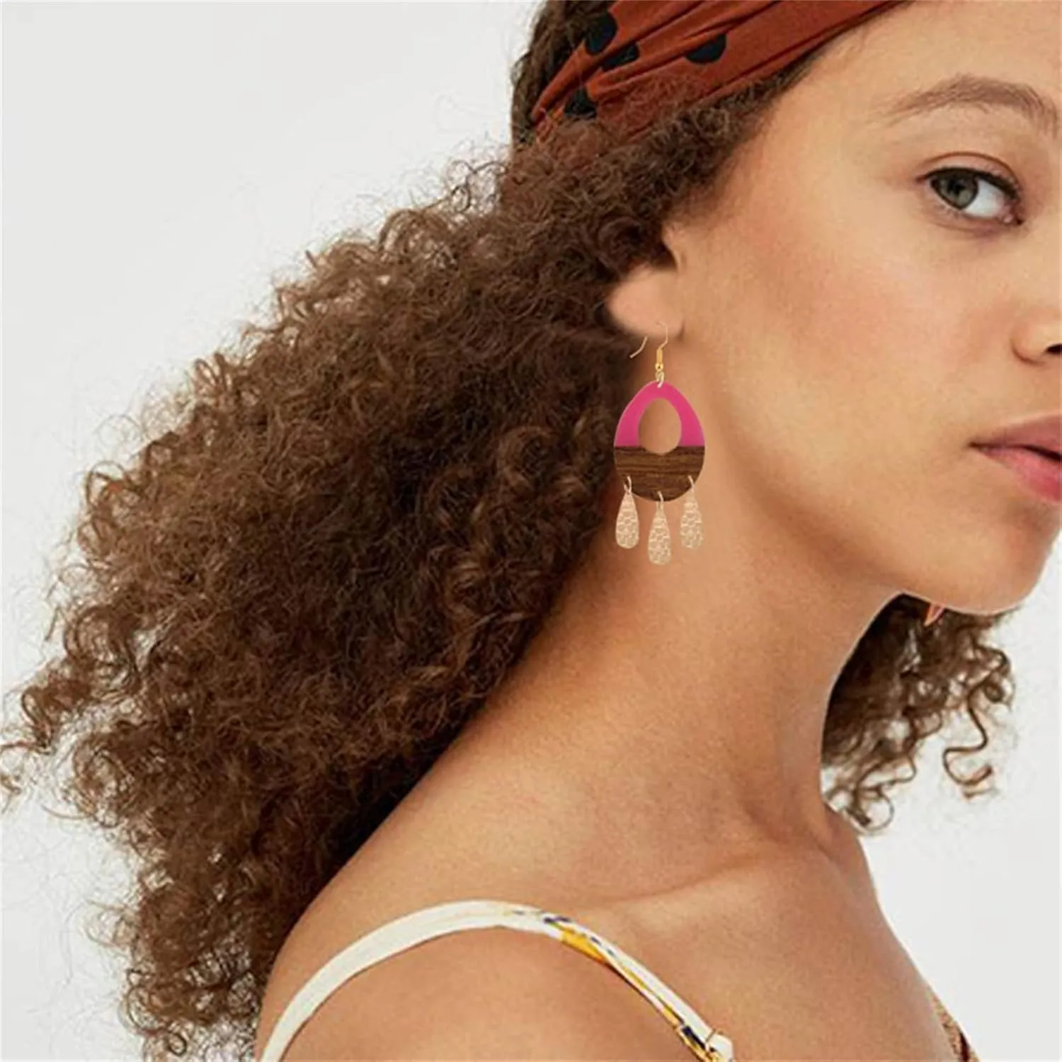 Wooden Resin Geometric Earrings for Women Girls Handmade Boho Lightweight Oval Teardrop Resin Natural Wood Two Tone Color Dangle Drop Statement Earrings Jewelry Gifts (Rose Red)