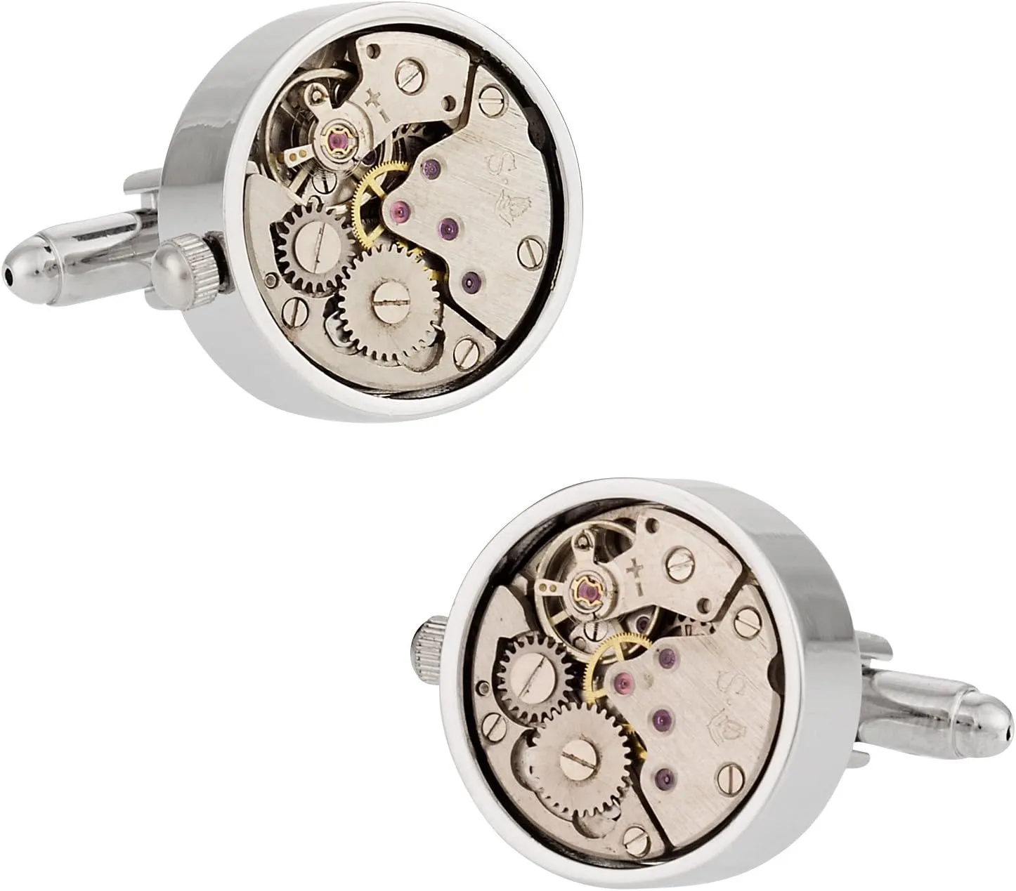 Working Watch Movement Steampunk Cufflinks with Glass Cover - Silver Clock Skeleton Cufflinks Travel Box in with Presentation Box