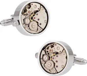 Working Watch Movement Steampunk Cufflinks with Glass Cover - Silver Clock Skeleton Cufflinks Travel Box in with Presentation Box