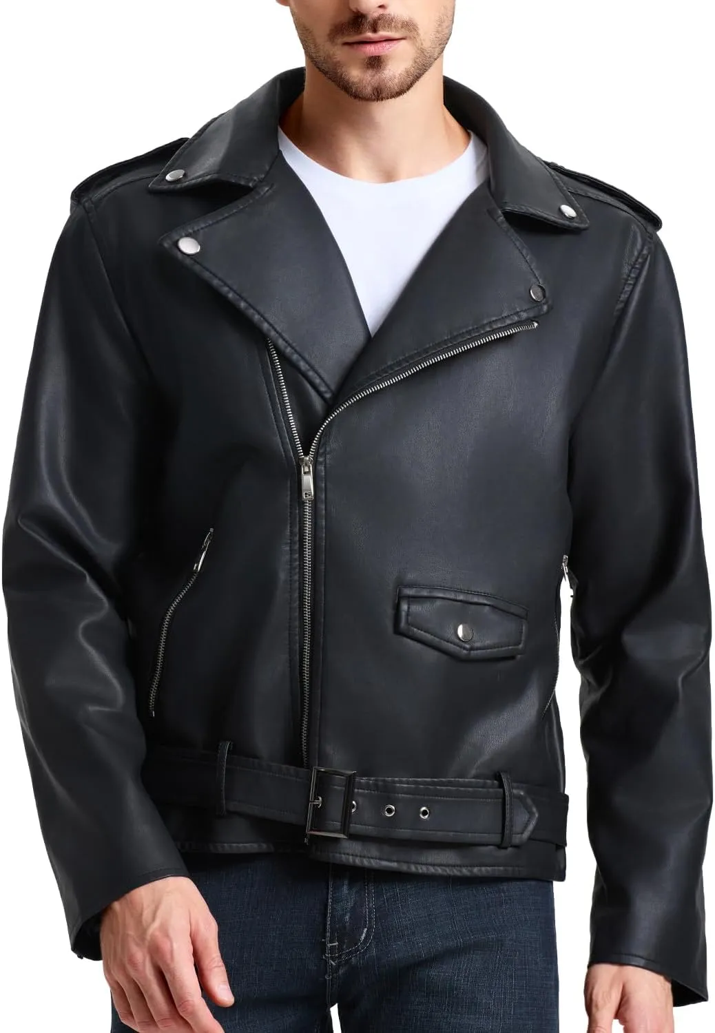 WULFUL Men's Leather Jackets, Faux Bomber Jacket for Men Motorcycle Lapel Asymmetric Zip-Up Slim Fit Biker Coat