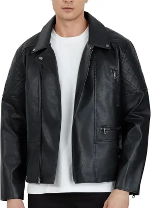 WULFUL Men's Leather Jackets, Faux Bomber Jacket for Men Motorcycle Lapel Asymmetric Zip-Up Slim Fit Biker Coat