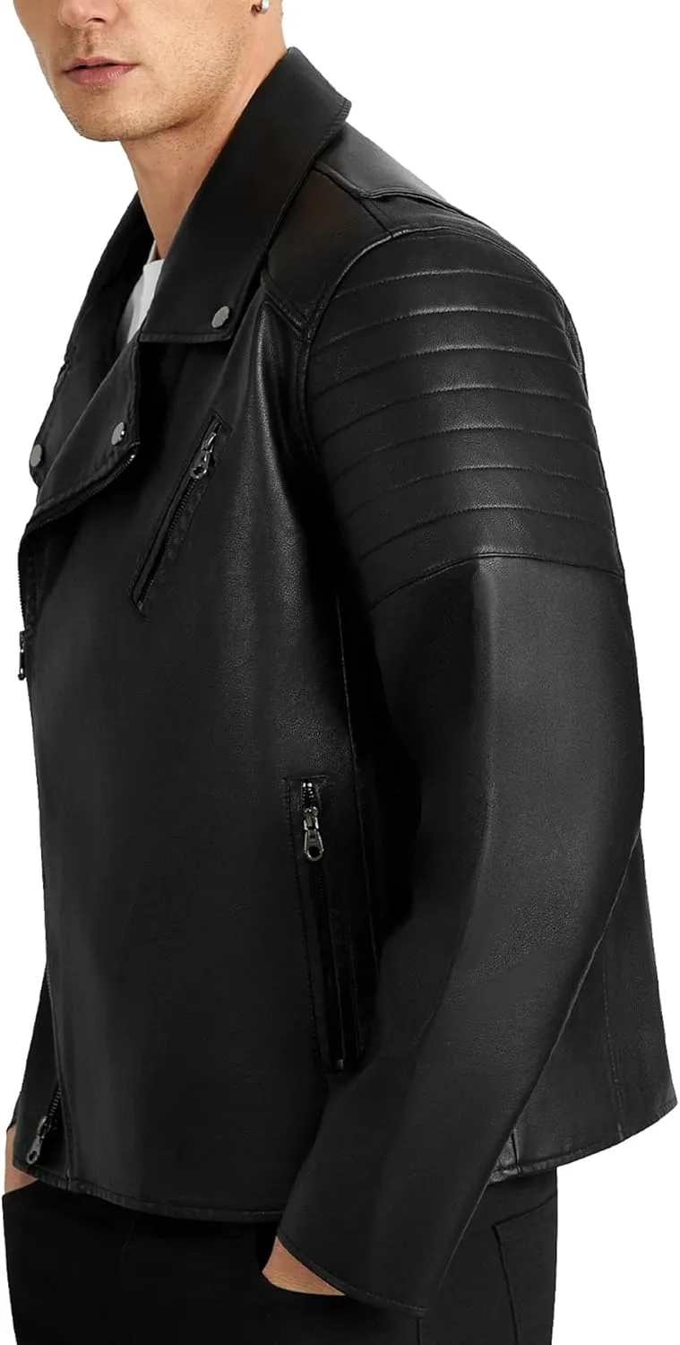 WULFUL Men's Leather Jackets, Faux Bomber Jacket for Men Motorcycle Lapel Asymmetric Zip-Up Slim Fit Biker Coat