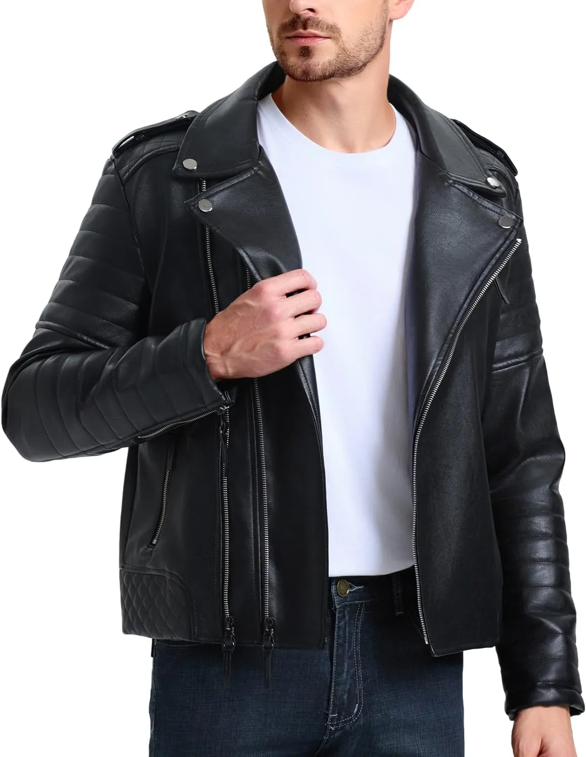 WULFUL Men's Leather Jackets, Faux Bomber Jacket for Men Motorcycle Lapel Asymmetric Zip-Up Slim Fit Biker Coat