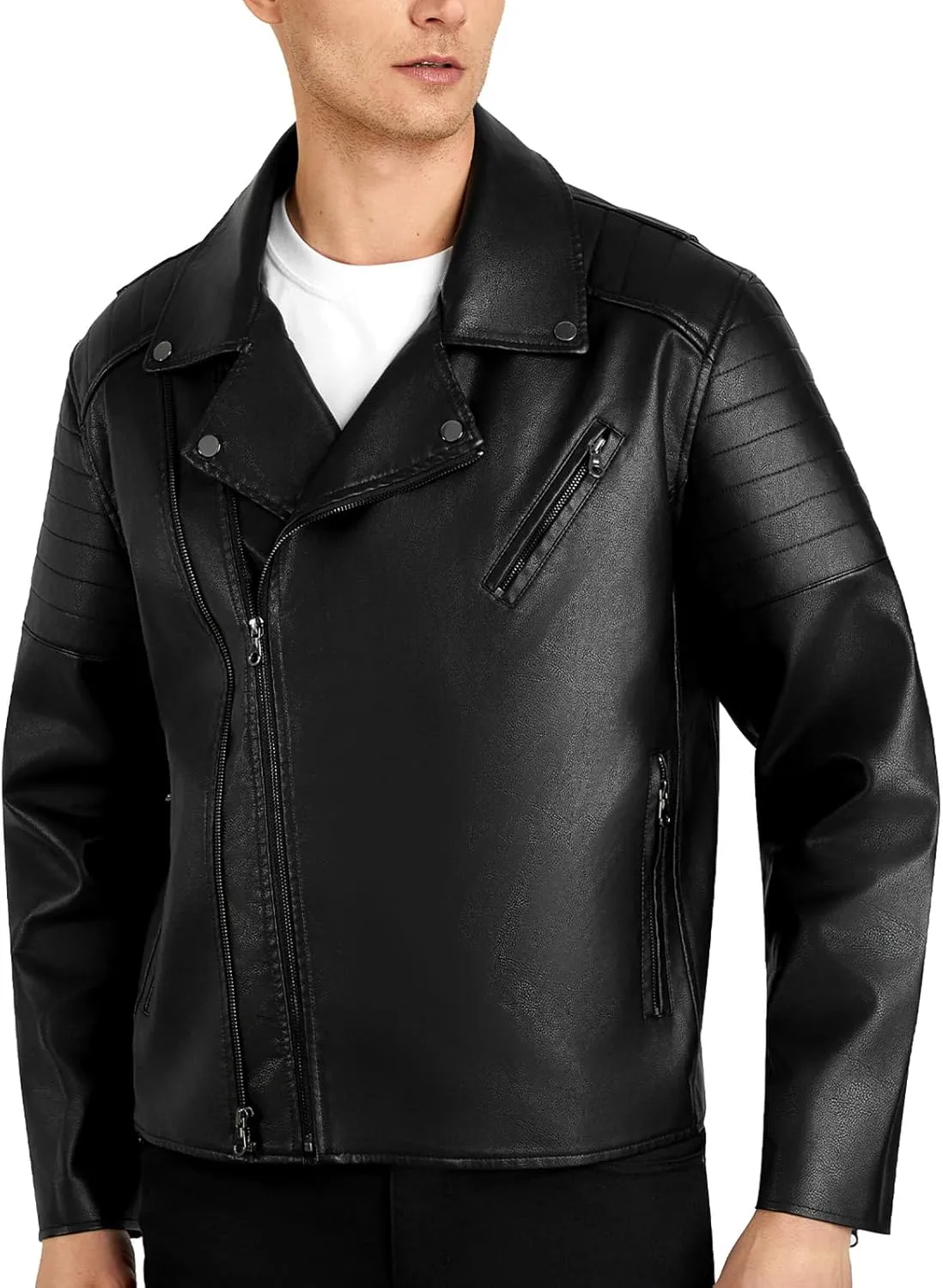 WULFUL Men's Leather Jackets, Faux Bomber Jacket for Men Motorcycle Lapel Asymmetric Zip-Up Slim Fit Biker Coat