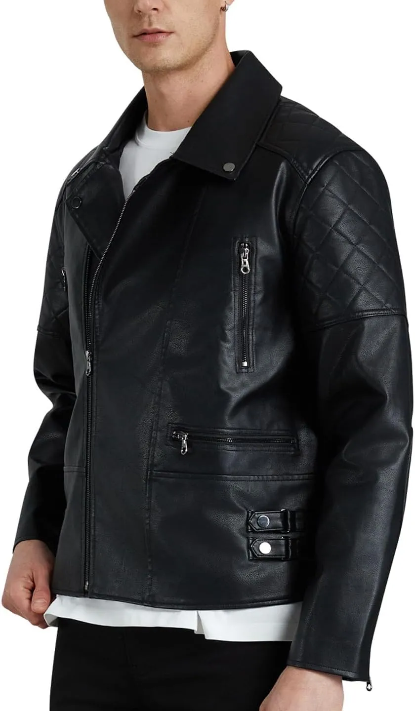 WULFUL Men's Leather Jackets, Faux Bomber Jacket for Men Motorcycle Lapel Asymmetric Zip-Up Slim Fit Biker Coat
