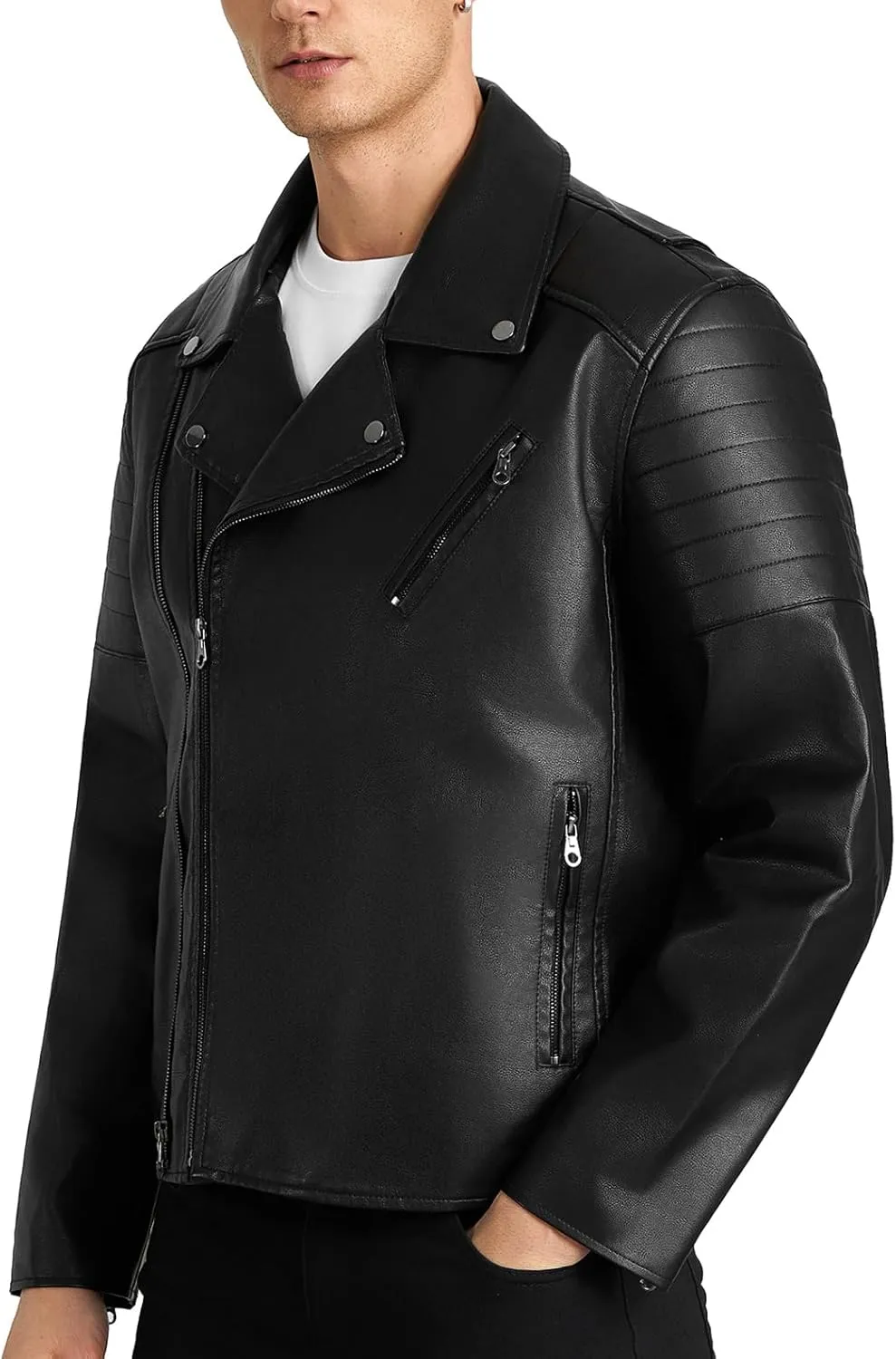 WULFUL Men's Leather Jackets, Faux Bomber Jacket for Men Motorcycle Lapel Asymmetric Zip-Up Slim Fit Biker Coat