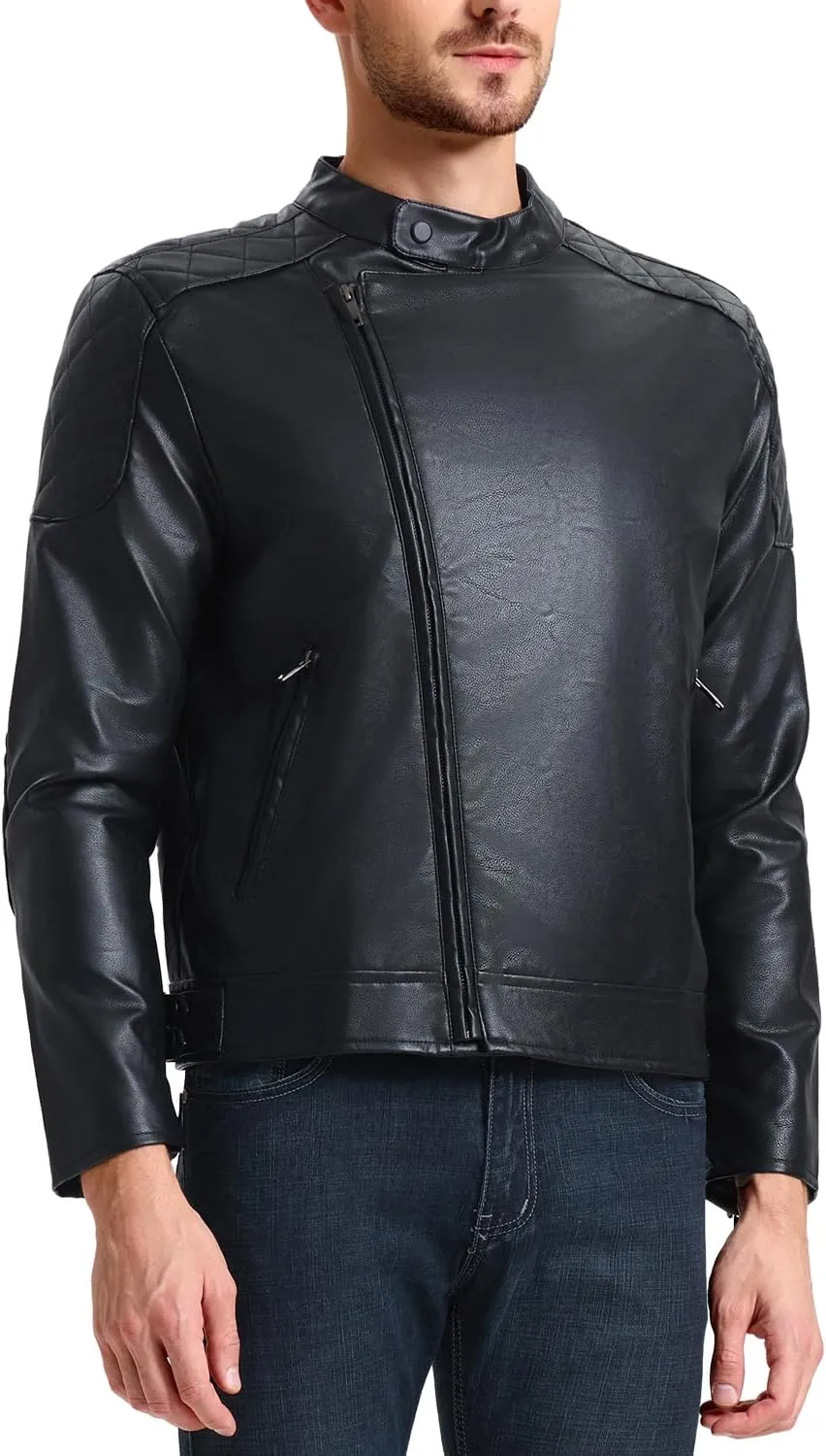 WULFUL Men's Leather Jackets, Faux Bomber Jacket for Men Motorcycle Lapel Asymmetric Zip-Up Slim Fit Biker Coat