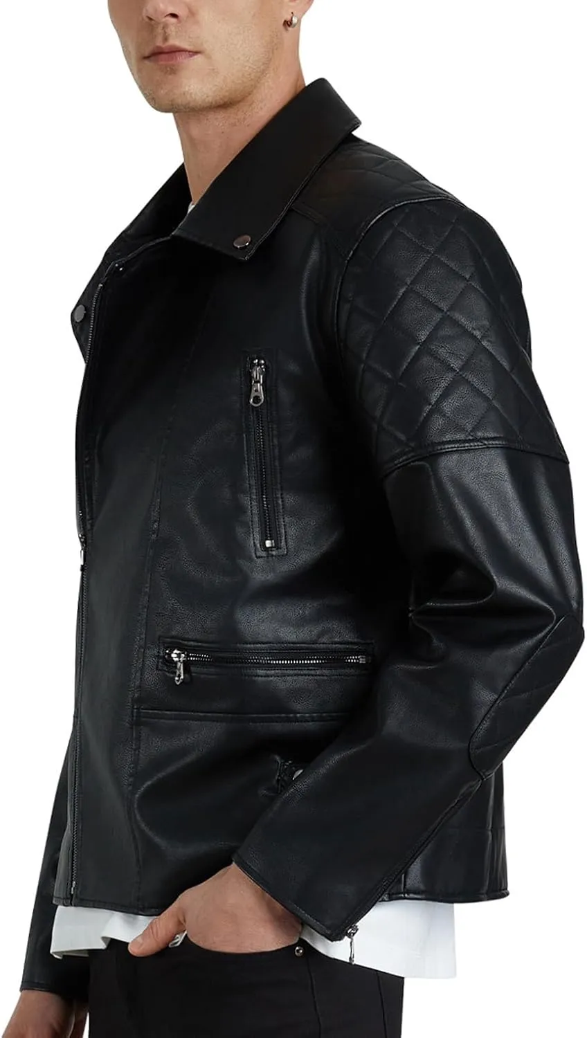 WULFUL Men's Leather Jackets, Faux Bomber Jacket for Men Motorcycle Lapel Asymmetric Zip-Up Slim Fit Biker Coat