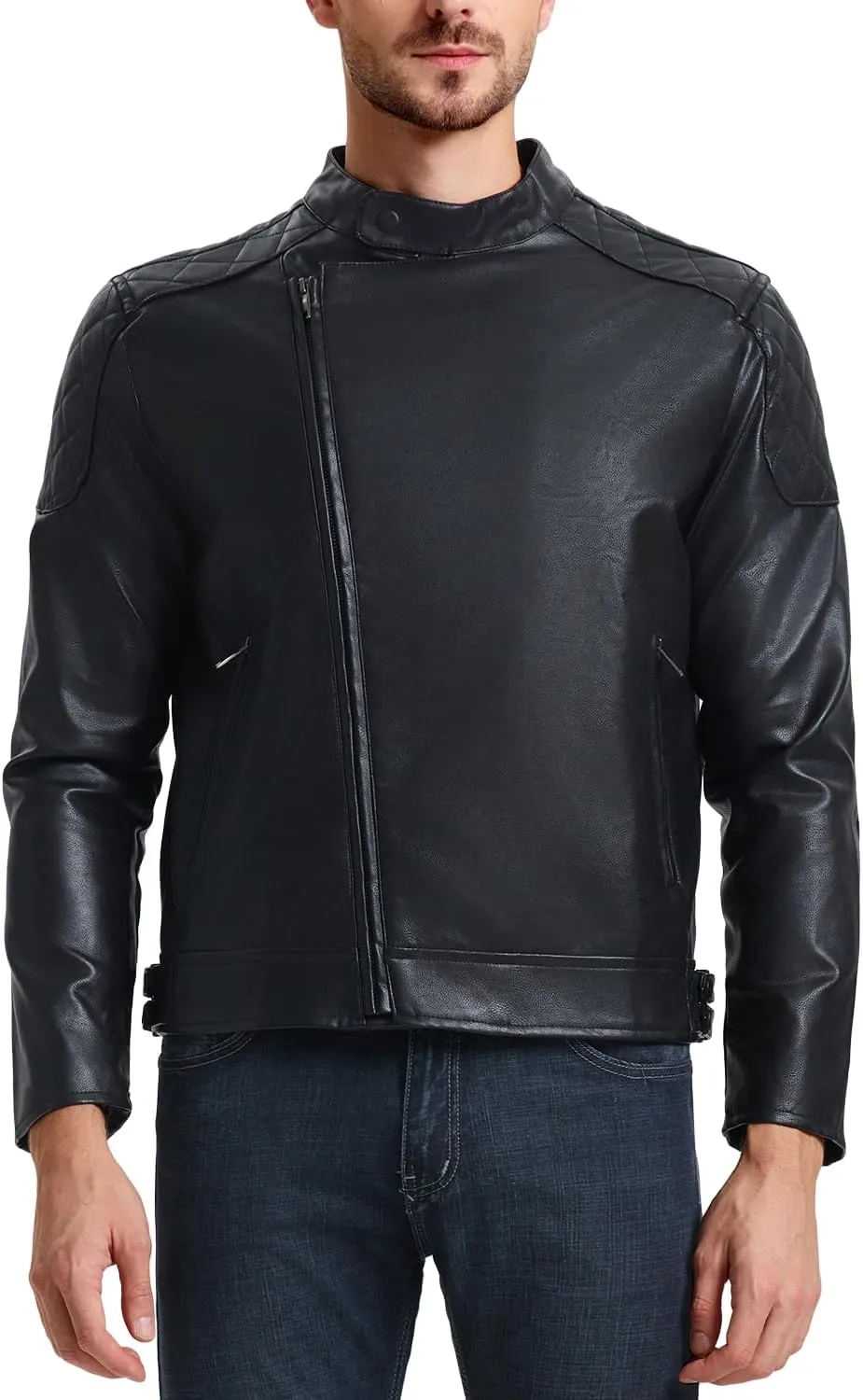 WULFUL Men's Leather Jackets, Faux Bomber Jacket for Men Motorcycle Lapel Asymmetric Zip-Up Slim Fit Biker Coat