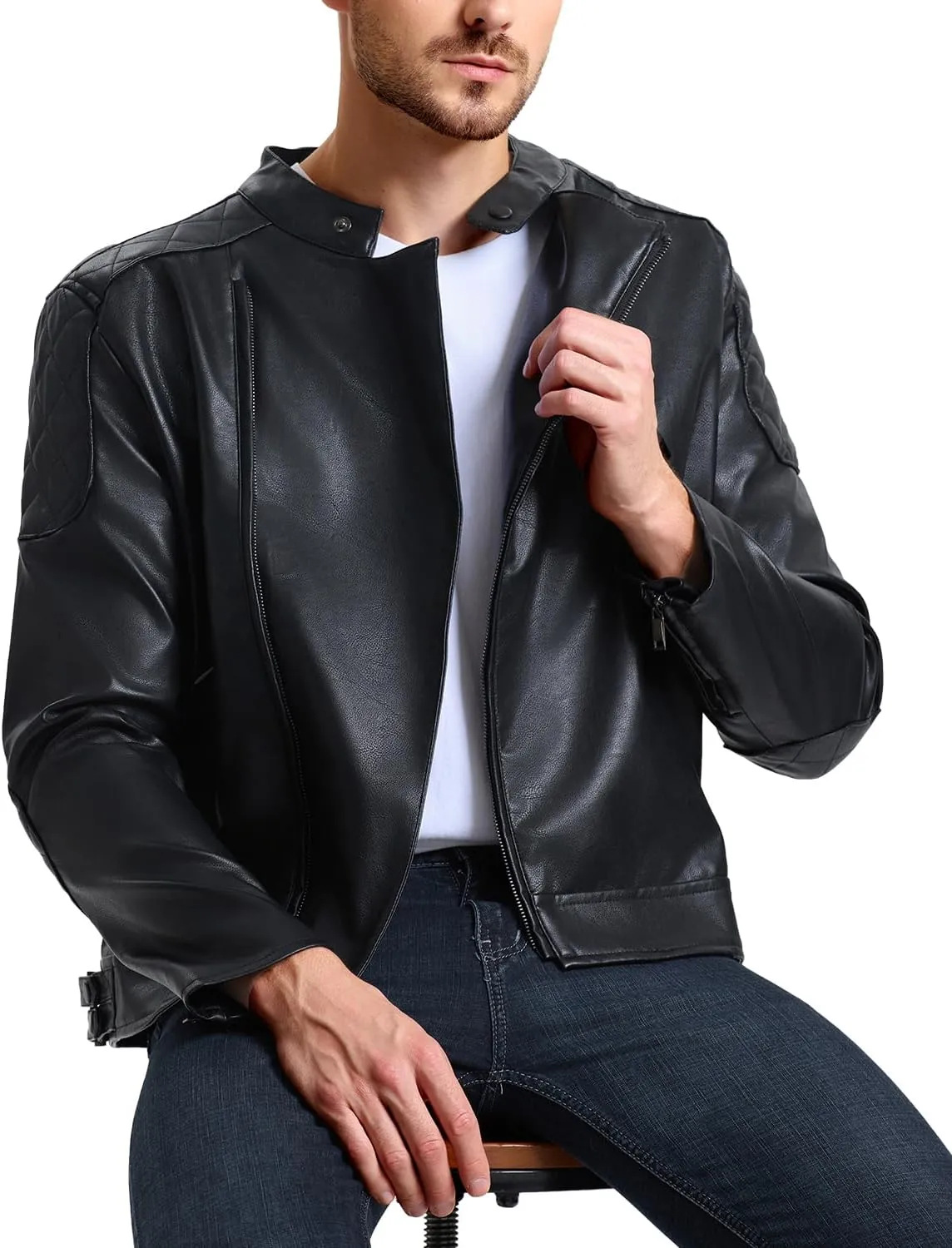 WULFUL Men's Leather Jackets, Faux Bomber Jacket for Men Motorcycle Lapel Asymmetric Zip-Up Slim Fit Biker Coat