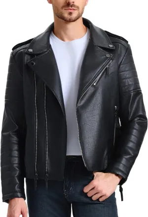 WULFUL Men's Leather Jackets, Faux Bomber Jacket for Men Motorcycle Lapel Asymmetric Zip-Up Slim Fit Biker Coat