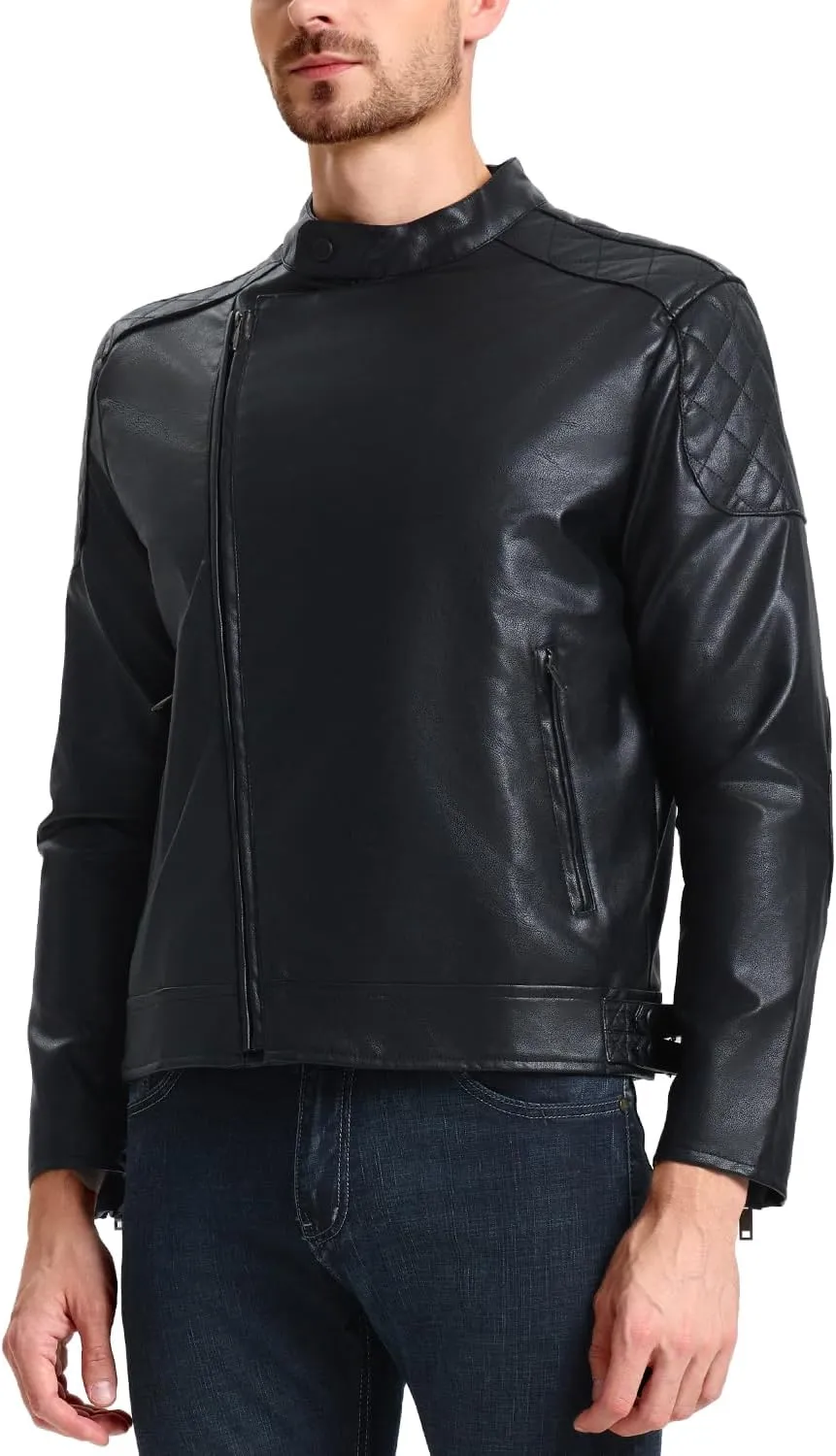 WULFUL Men's Leather Jackets, Faux Bomber Jacket for Men Motorcycle Lapel Asymmetric Zip-Up Slim Fit Biker Coat