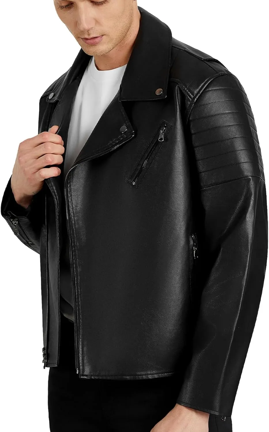 WULFUL Men's Leather Jackets, Faux Bomber Jacket for Men Motorcycle Lapel Asymmetric Zip-Up Slim Fit Biker Coat