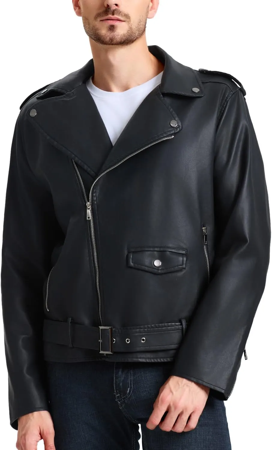 WULFUL Men's Leather Jackets, Faux Bomber Jacket for Men Motorcycle Lapel Asymmetric Zip-Up Slim Fit Biker Coat
