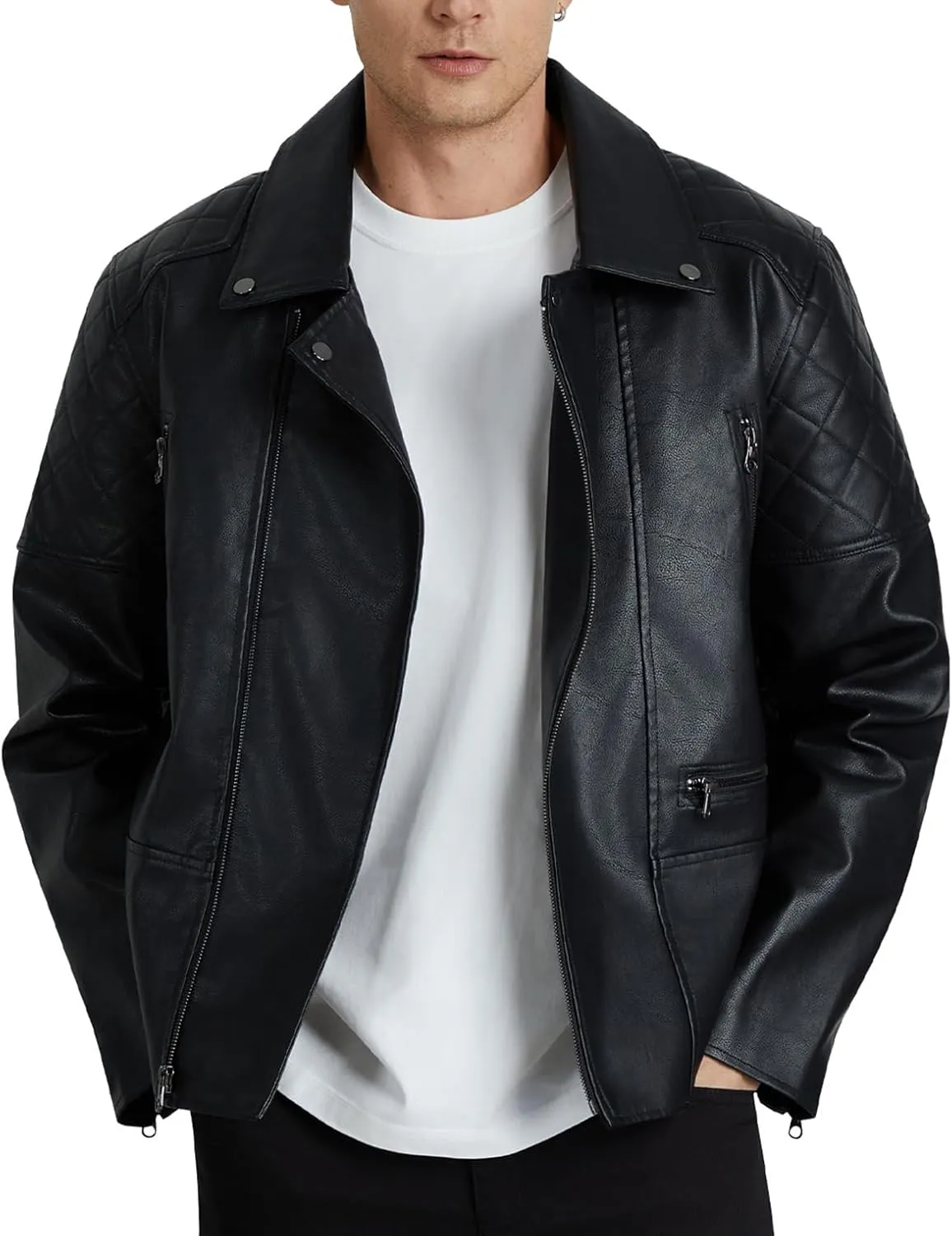 WULFUL Men's Leather Jackets, Faux Bomber Jacket for Men Motorcycle Lapel Asymmetric Zip-Up Slim Fit Biker Coat