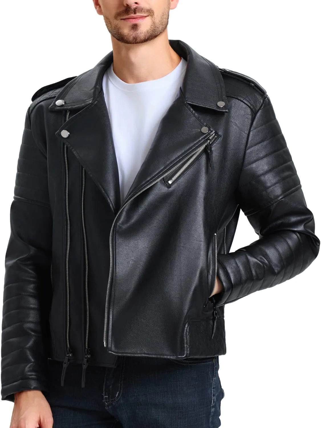 WULFUL Men's Leather Jackets, Faux Bomber Jacket for Men Motorcycle Lapel Asymmetric Zip-Up Slim Fit Biker Coat