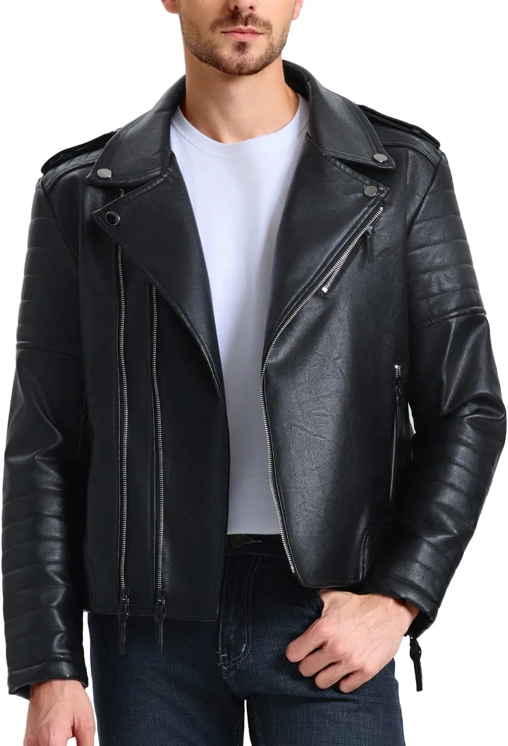 WULFUL Men's Leather Jackets, Faux Bomber Jacket for Men Motorcycle Lapel Asymmetric Zip-Up Slim Fit Biker Coat