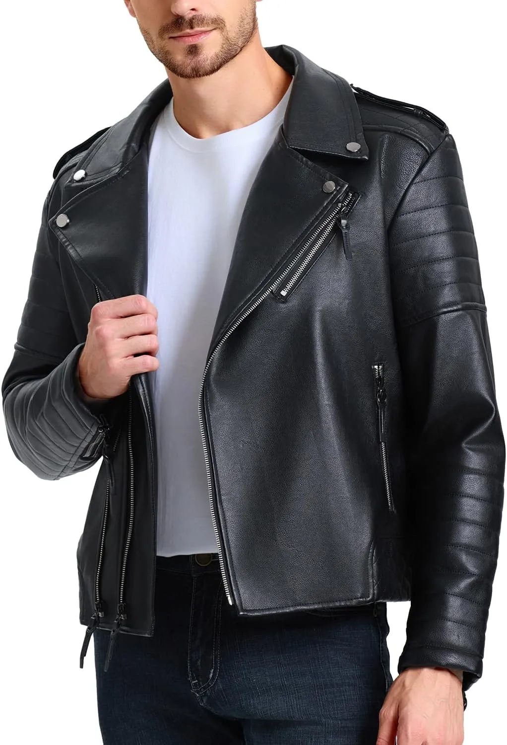WULFUL Men's Leather Jackets, Faux Bomber Jacket for Men Motorcycle Lapel Asymmetric Zip-Up Slim Fit Biker Coat