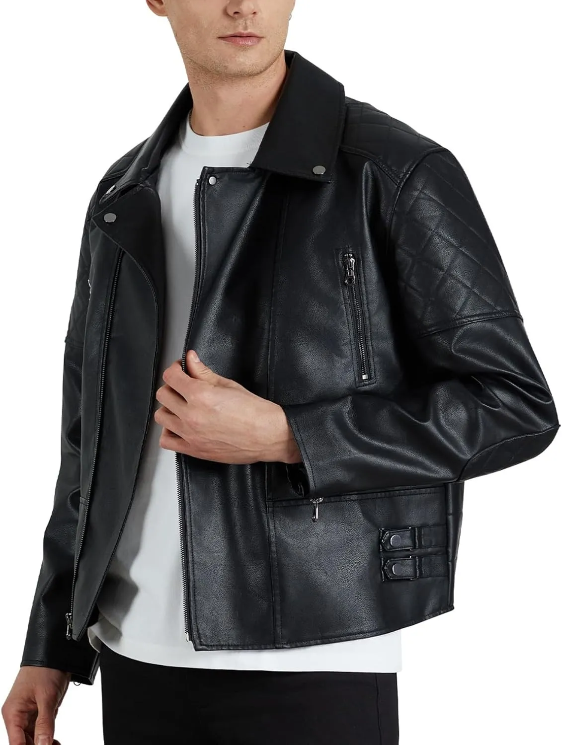 WULFUL Men's Leather Jackets, Faux Bomber Jacket for Men Motorcycle Lapel Asymmetric Zip-Up Slim Fit Biker Coat