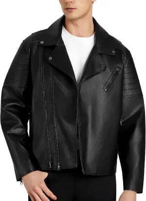WULFUL Men's Leather Jackets, Faux Bomber Jacket for Men Motorcycle Lapel Asymmetric Zip-Up Slim Fit Biker Coat
