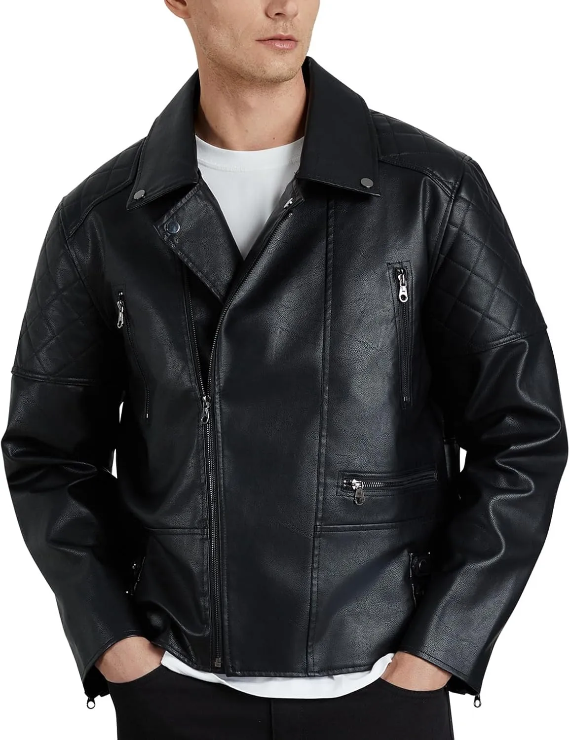 WULFUL Men's Leather Jackets, Faux Bomber Jacket for Men Motorcycle Lapel Asymmetric Zip-Up Slim Fit Biker Coat