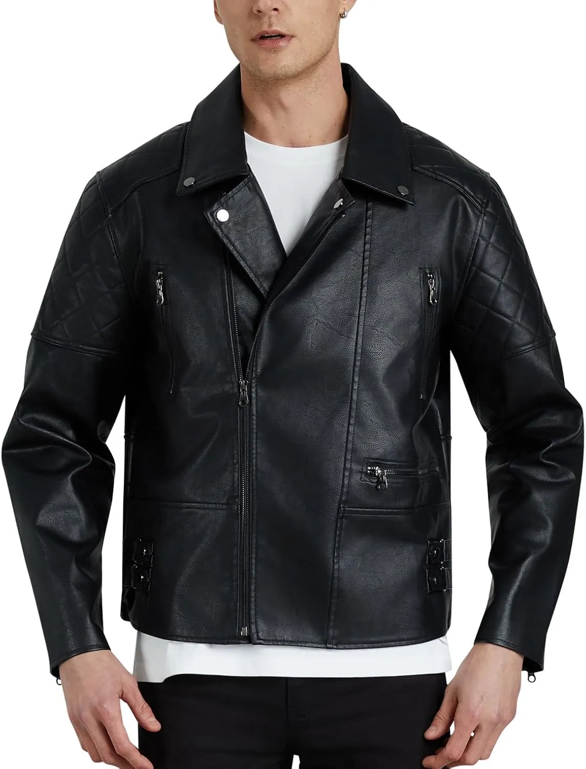 WULFUL Men's Leather Jackets, Faux Bomber Jacket for Men Motorcycle Lapel Asymmetric Zip-Up Slim Fit Biker Coat