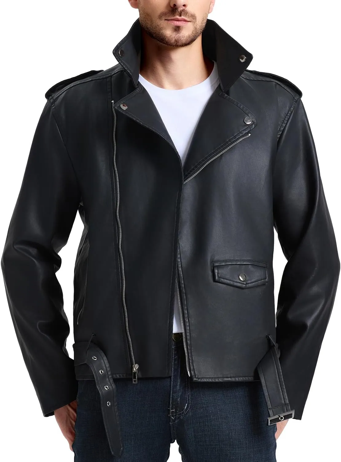 WULFUL Men's Leather Jackets, Faux Bomber Jacket for Men Motorcycle Lapel Asymmetric Zip-Up Slim Fit Biker Coat