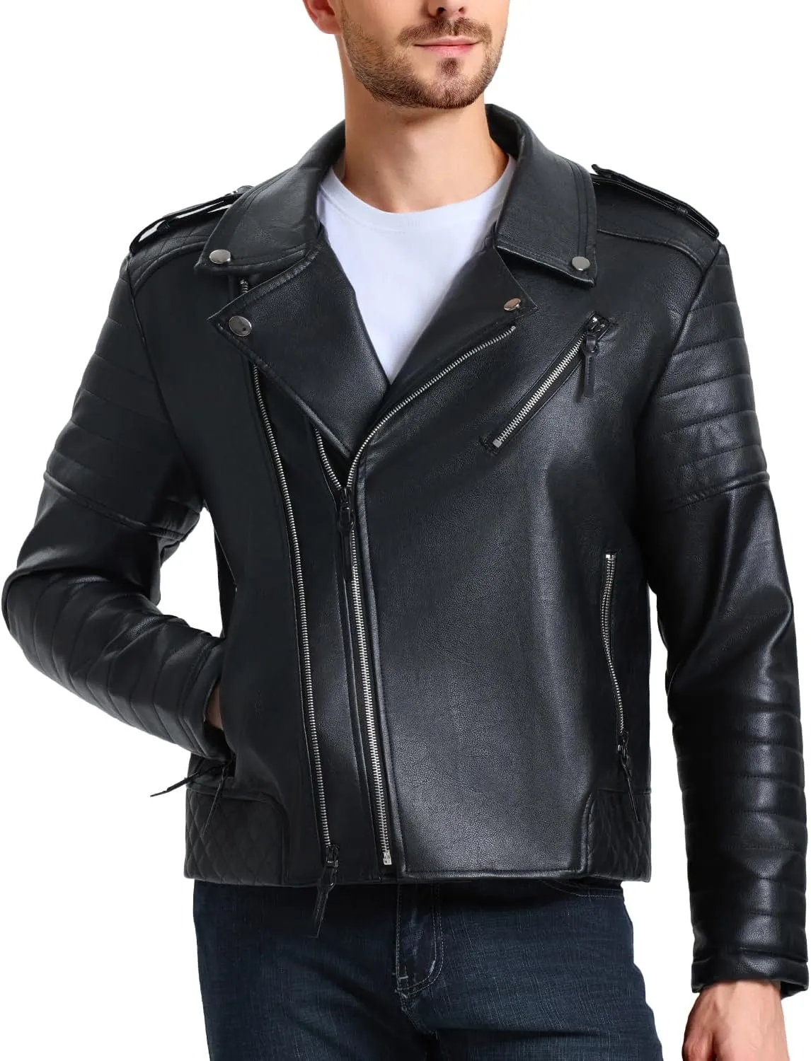 WULFUL Men's Leather Jackets, Faux Bomber Jacket for Men Motorcycle Lapel Asymmetric Zip-Up Slim Fit Biker Coat