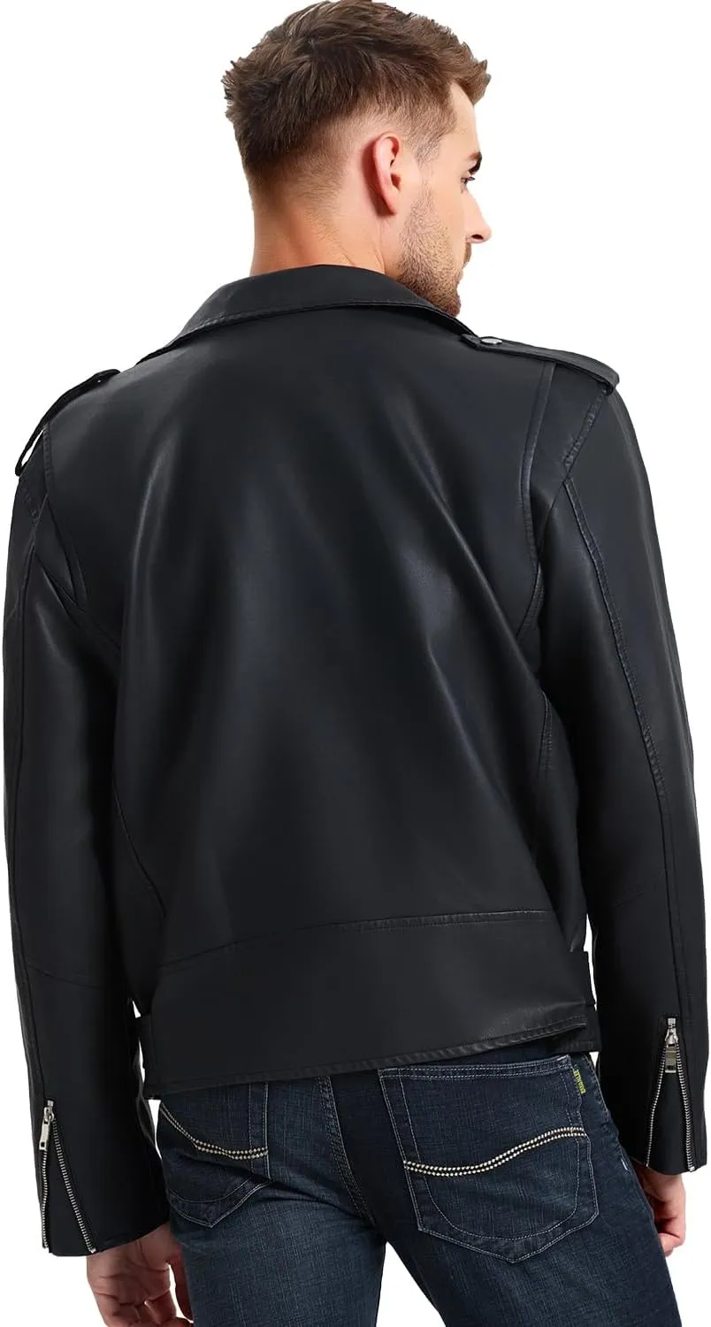 WULFUL Men's Leather Jackets, Faux Bomber Jacket for Men Motorcycle Lapel Asymmetric Zip-Up Slim Fit Biker Coat