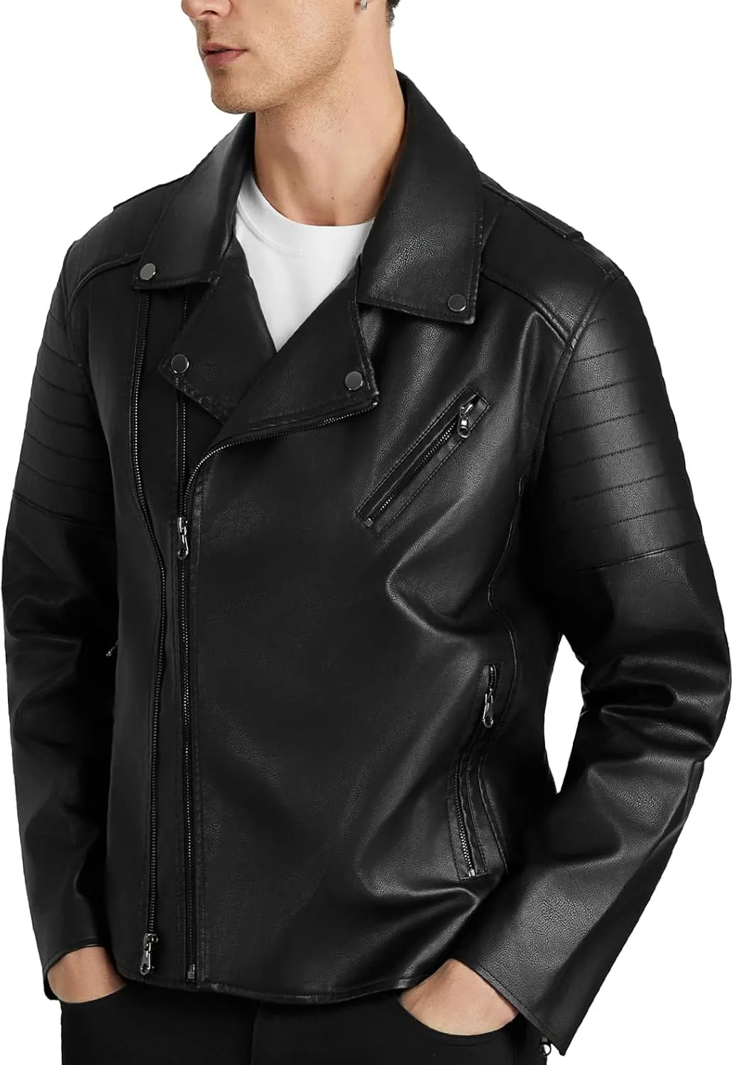 WULFUL Men's Leather Jackets, Faux Bomber Jacket for Men Motorcycle Lapel Asymmetric Zip-Up Slim Fit Biker Coat