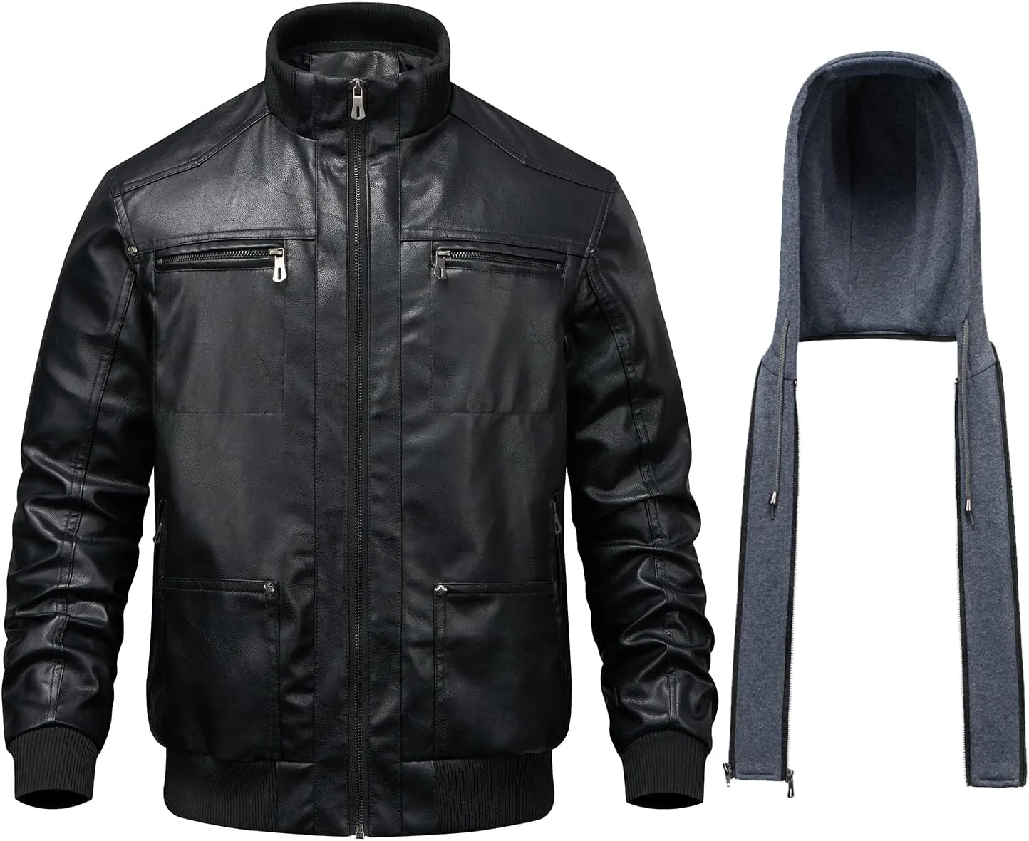 WULFUL Men's Leather Jackets, Faux Leather Jacket for Men Lapel Zip-Up Slim Fit Coat