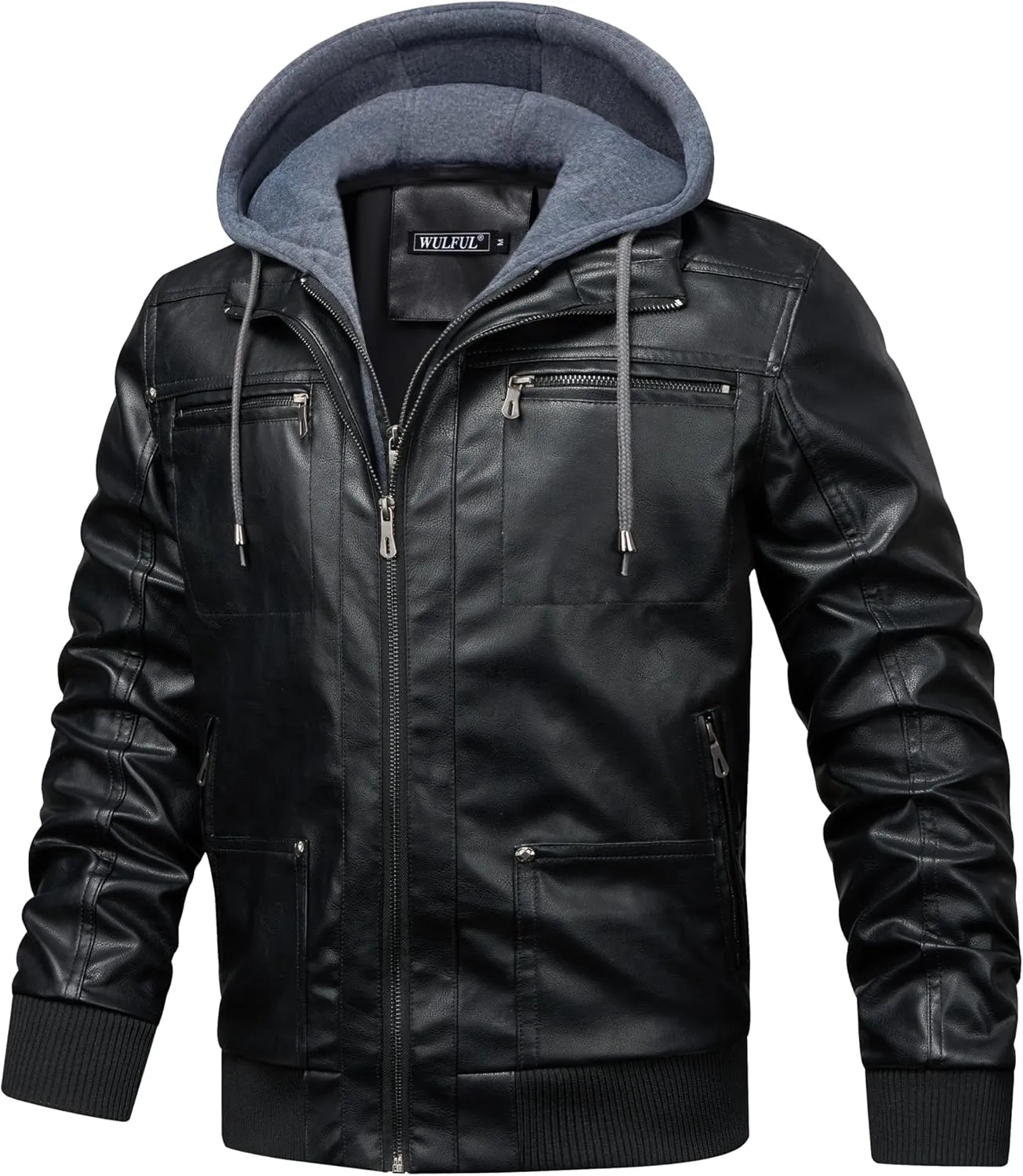 WULFUL Men's Leather Jackets, Faux Leather Jacket for Men Lapel Zip-Up Slim Fit Coat