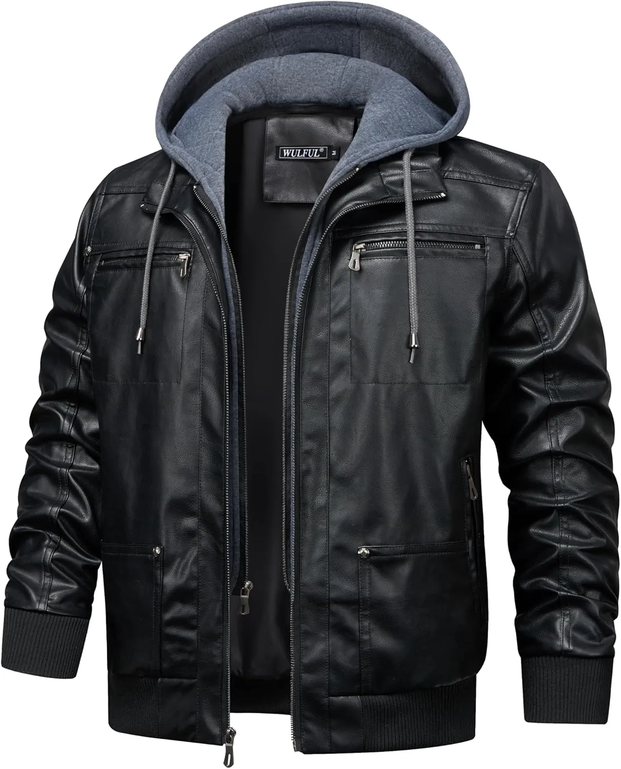 WULFUL Men's Leather Jackets, Faux Leather Jacket for Men Lapel Zip-Up Slim Fit Coat