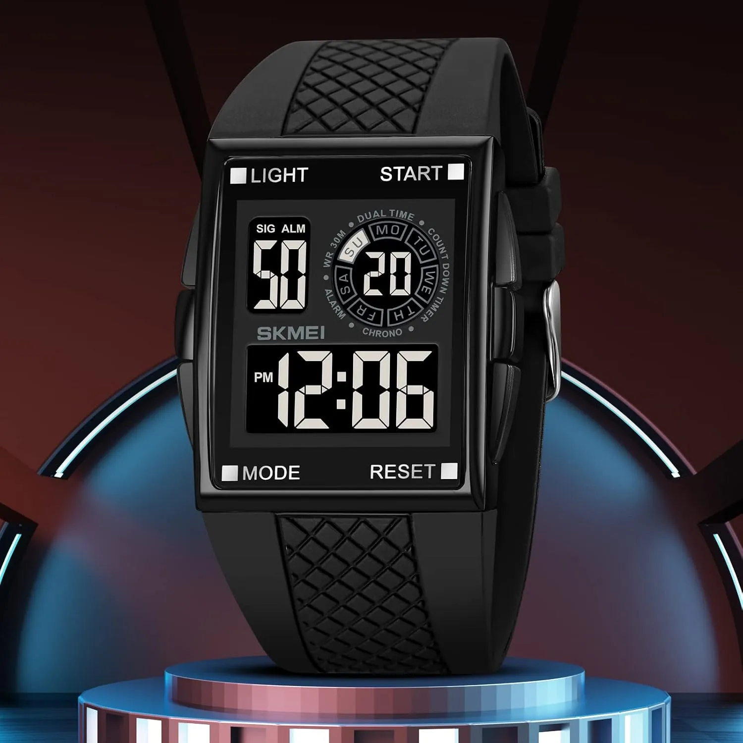 XCZAP Men's Luminous Square Digital Sports Watch Waterproof Countdown Multi-Function Watch