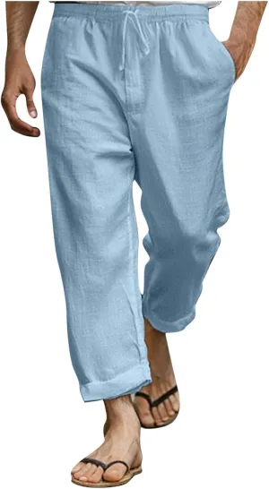 Xiaojmake Capirs Linen Pants Men Relaxed Fit Elastic Waist Cropped Pant with Pockets Beach Yoga Travel Lounge Trousers Summer