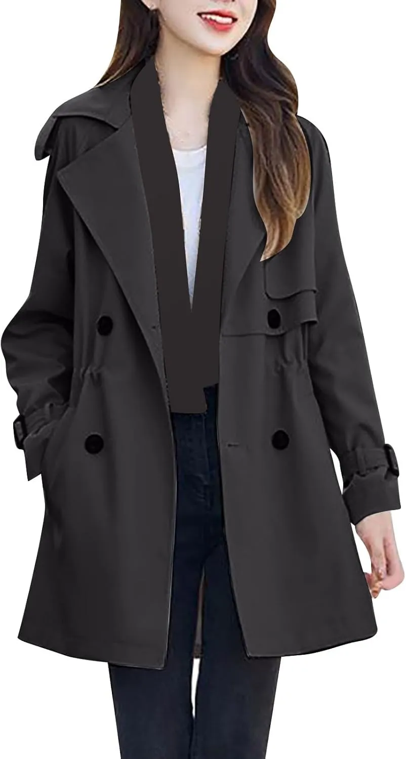 XUNRYAN Girls Classic Trench Coat Long Jackets Notch Lapel Button Double-Breasted Peacoat Trendy Coats Casual Outwear Pockets