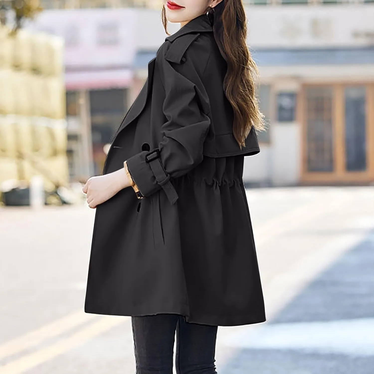 XUNRYAN Girls Classic Trench Coat Long Jackets Notch Lapel Button Double-Breasted Peacoat Trendy Coats Casual Outwear Pockets