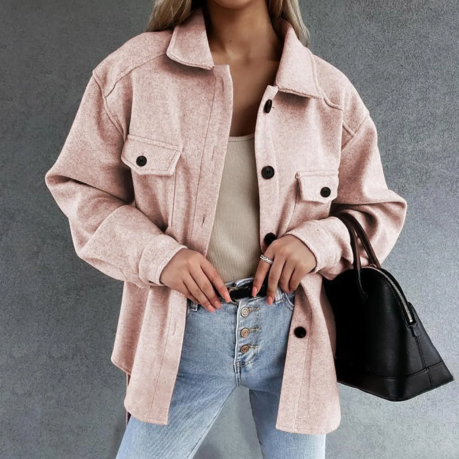 XUNRYAN Womens Trench Coat Fashion Shacket Jackets Wool-Blend Casual Button Shirt Blouse Jacket Trendy Peacoat Overcoat
