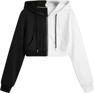Y2K Sweatshirt Women Casual Women's Cropped Hoodies Classic Black White Color Block Crop Tops Trendy Zipper Long Sleeve Sweatshirt Navy Fall Sweatshirt