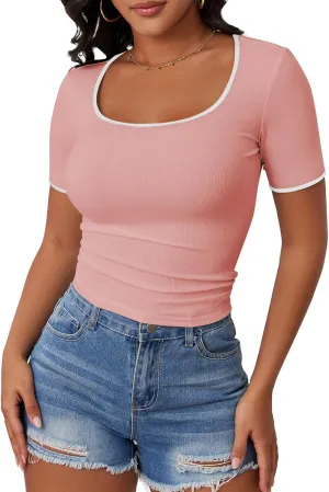 YATHON Women's Short Sleeve Color Block T Shirts Y2K Tops for Summer Slim Fitted Ribbed Knit Square Neck Basic Casual Blouses