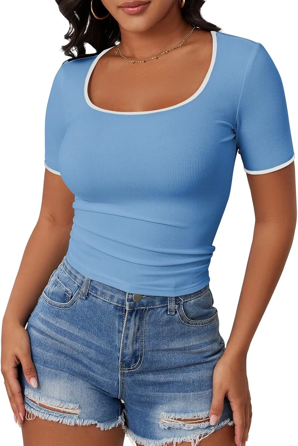 YATHON Women's Short Sleeve Color Block T Shirts Y2K Tops for Summer Slim Fitted Ribbed Knit Square Neck Basic Casual Blouses