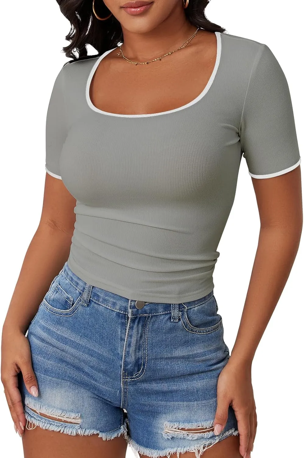 YATHON Women's Short Sleeve Color Block T Shirts Y2K Tops for Summer Slim Fitted Ribbed Knit Square Neck Basic Casual Blouses