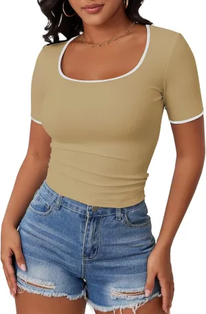 YATHON Women's Short Sleeve Color Block T Shirts Y2K Tops for Summer Slim Fitted Ribbed Knit Square Neck Basic Casual Blouses