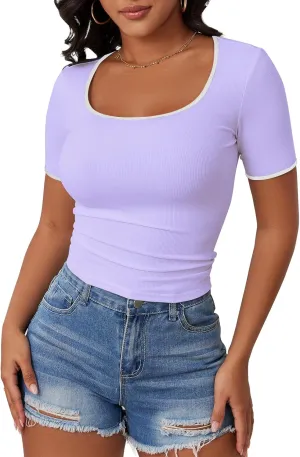 YATHON Women's Short Sleeve Color Block T Shirts Y2K Tops for Summer Slim Fitted Ribbed Knit Square Neck Basic Casual Blouses