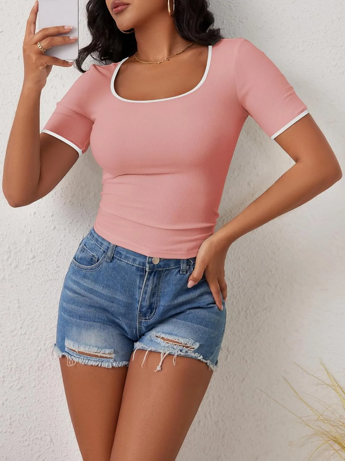YATHON Women's Short Sleeve Color Block T Shirts Y2K Tops for Summer Slim Fitted Ribbed Knit Square Neck Basic Casual Blouses