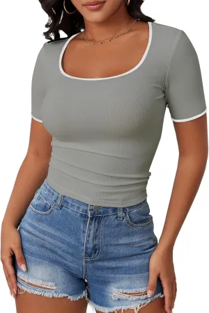 YATHON Women's Short Sleeve Color Block T Shirts Y2K Tops for Summer Slim Fitted Ribbed Knit Square Neck Basic Casual Blouses